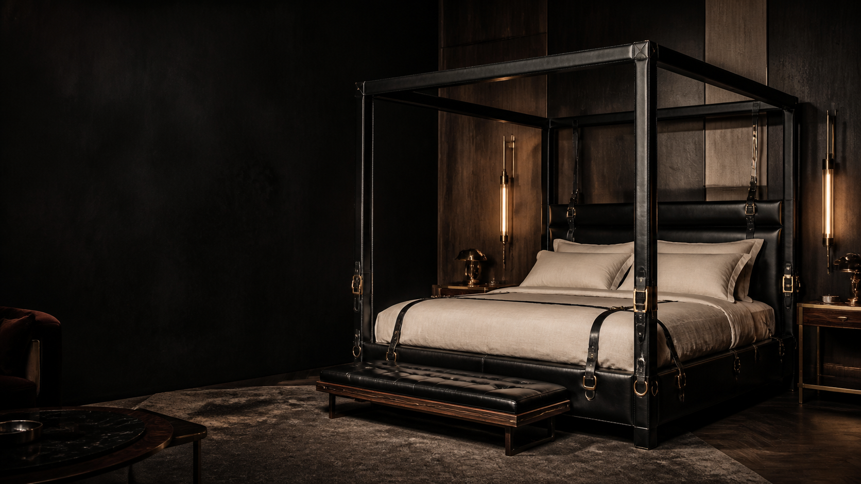 Architectural black leather bed in a private members club interior